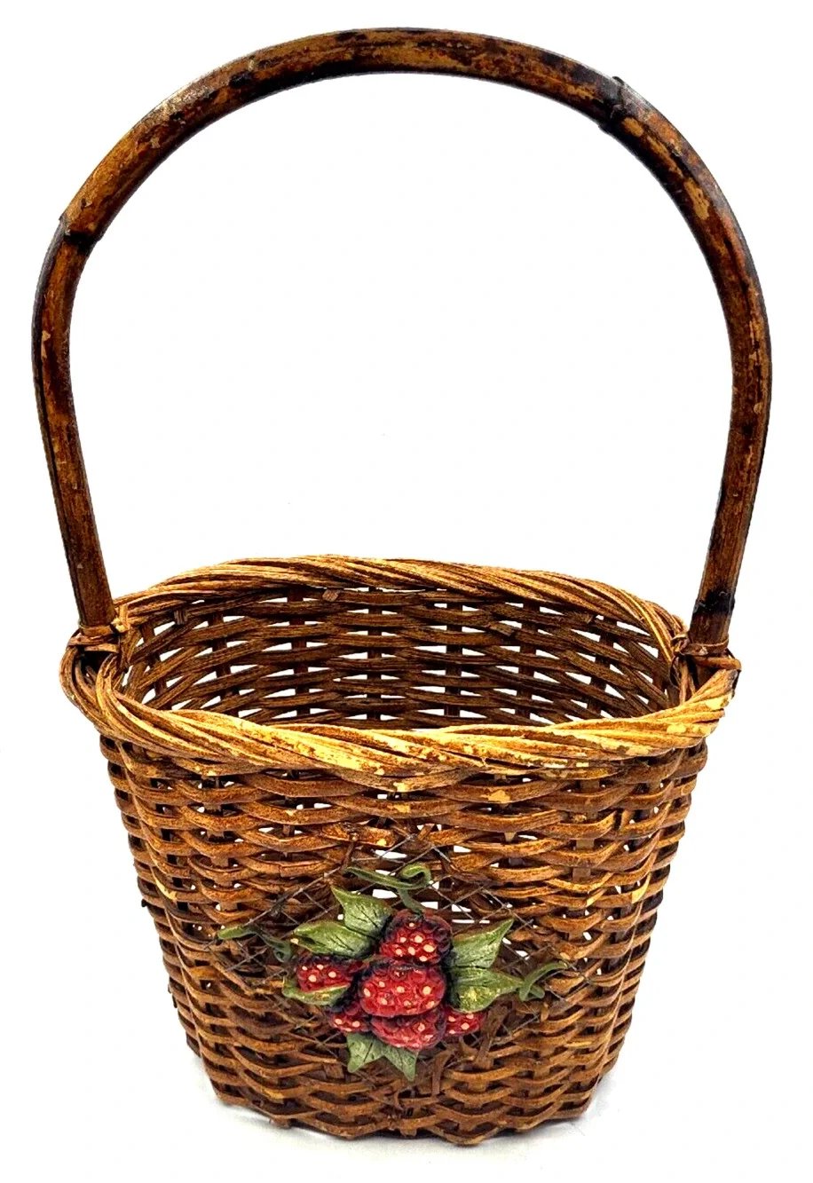 Vintage Farmhouse Basket with Strawberries Bamboo Handle 17x6